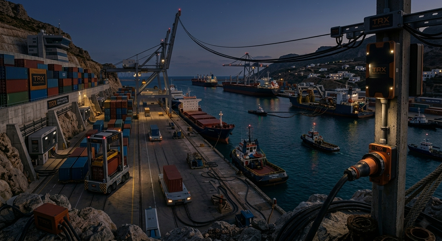 TRX connectors on a port terminal at night