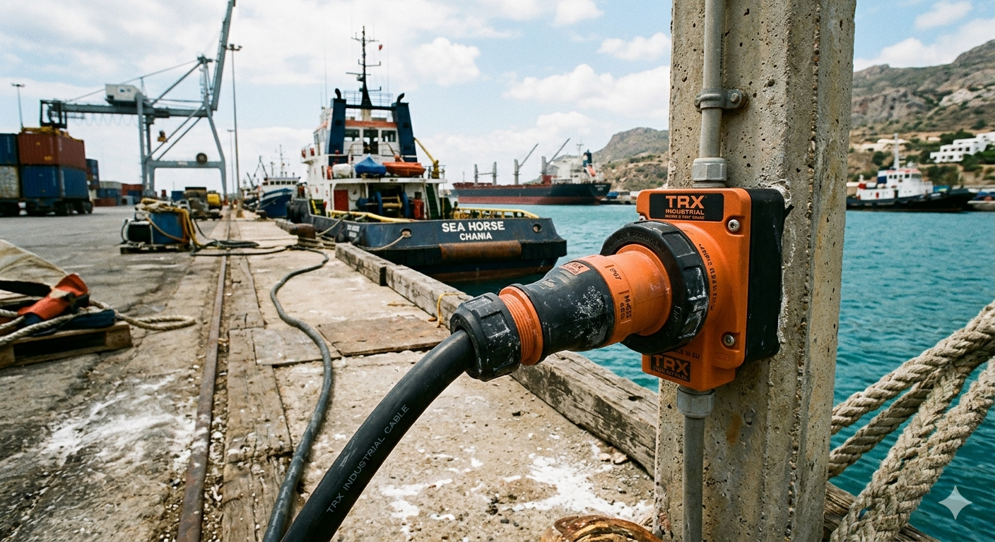 TRX IP67 shore-power connector on a quayside