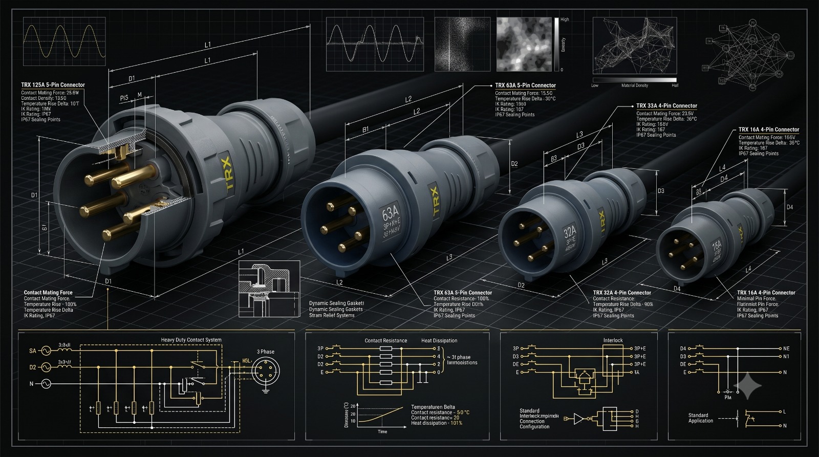 TRX IP67 industrial connector cross-section — dual sealing system
