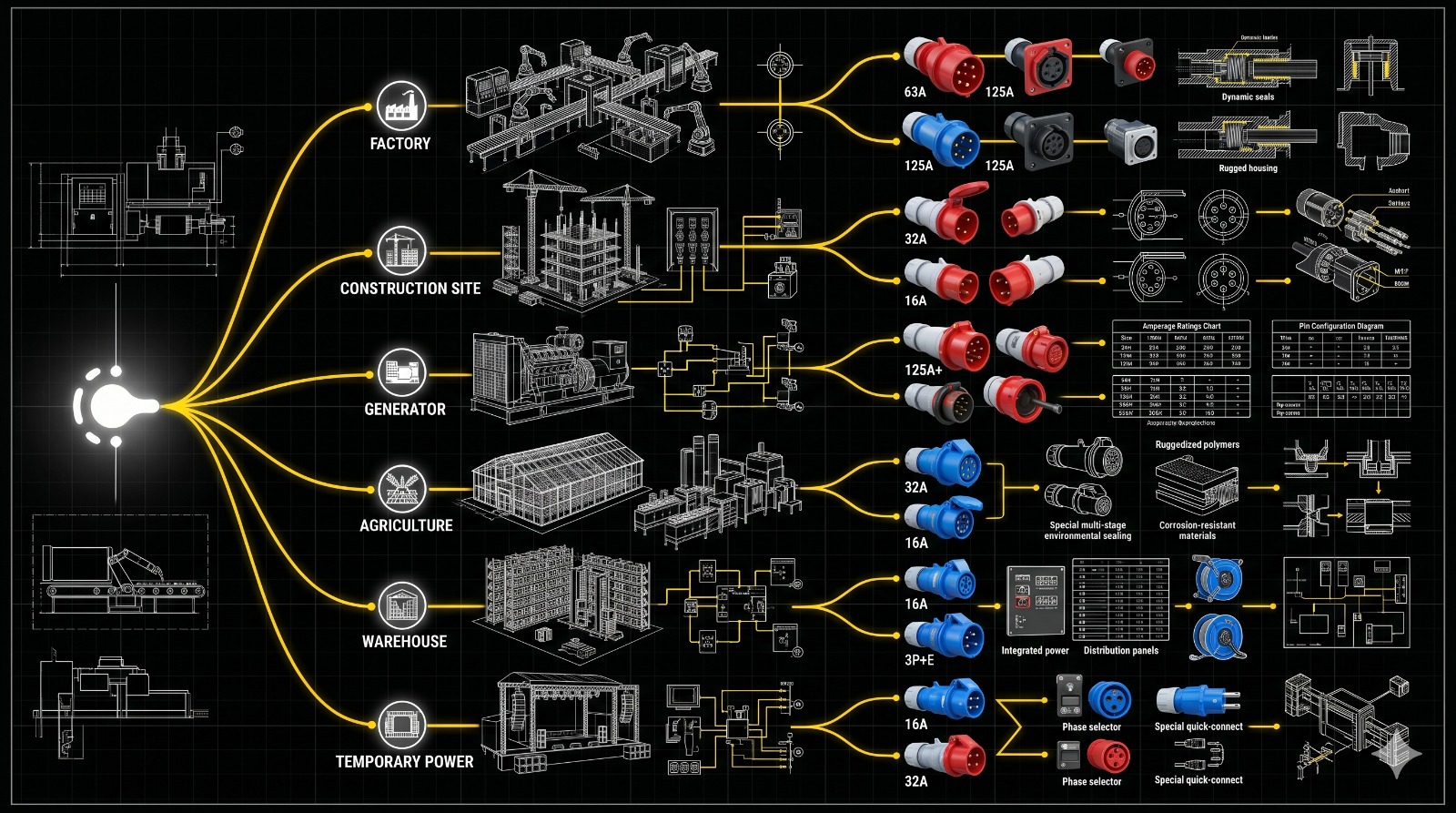 TRX industrial plug application map — factory, construction, generator, agriculture, warehouse, temporary power