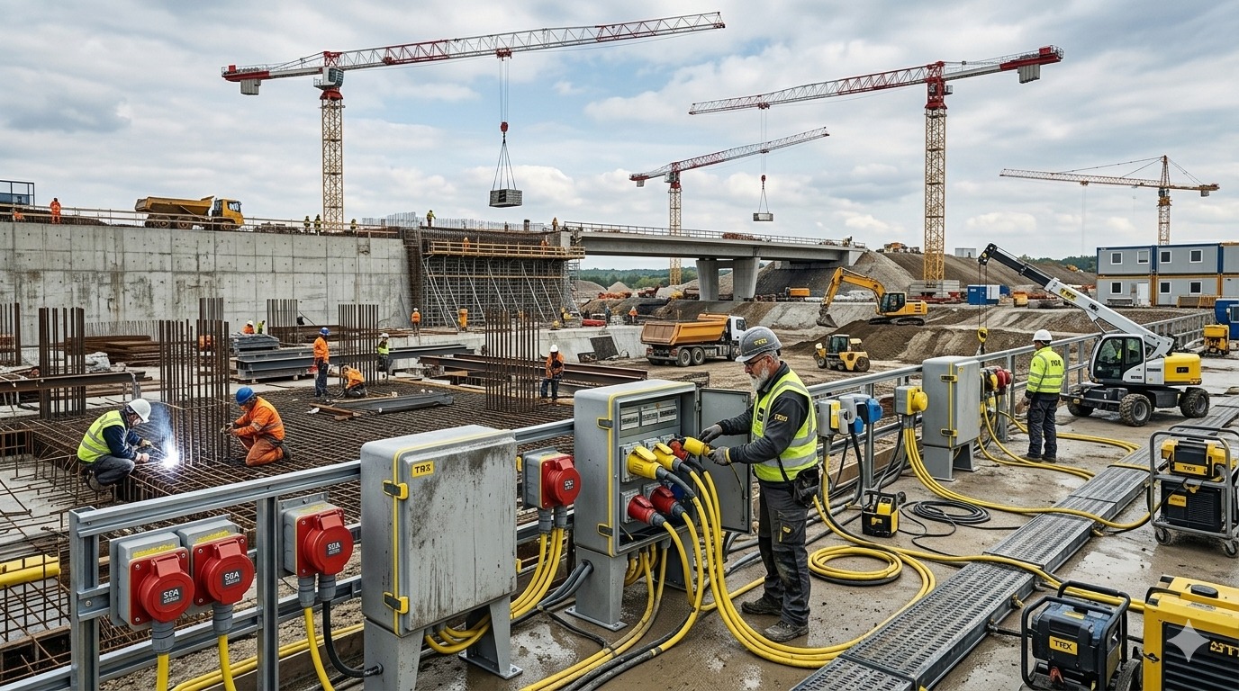 Electrical contractor's desk with TRX plugs, sockets, blueprints and multimeter — professional selection guide