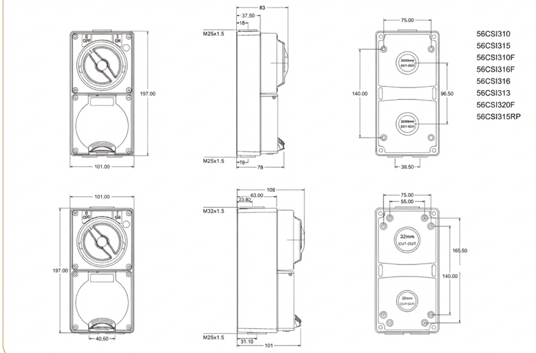 SOCKET POWER COMBINATION SWITCHED INDUSTRIAL CIRCUIT PROTECTION OUTLET 1P 250V 10A-50A IP66 — dimensional drawing
