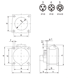 SOCKET POWER INDUSTRIAL PANEL MOUNT 3P/4P/5P 32A CE Certified — dimensional drawing