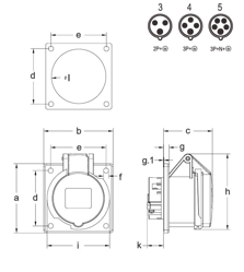 SOCKET POWER INDUSTRIAL PANEL MOUNT 3P/4P/5P 16A CE Certified — dimensional drawing