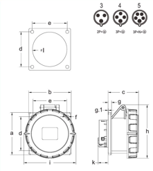 SOCKET POWER INDUSTRIAL PANEL MOUNT 3P/4P/5P 125A CE Certified — dimensional drawing