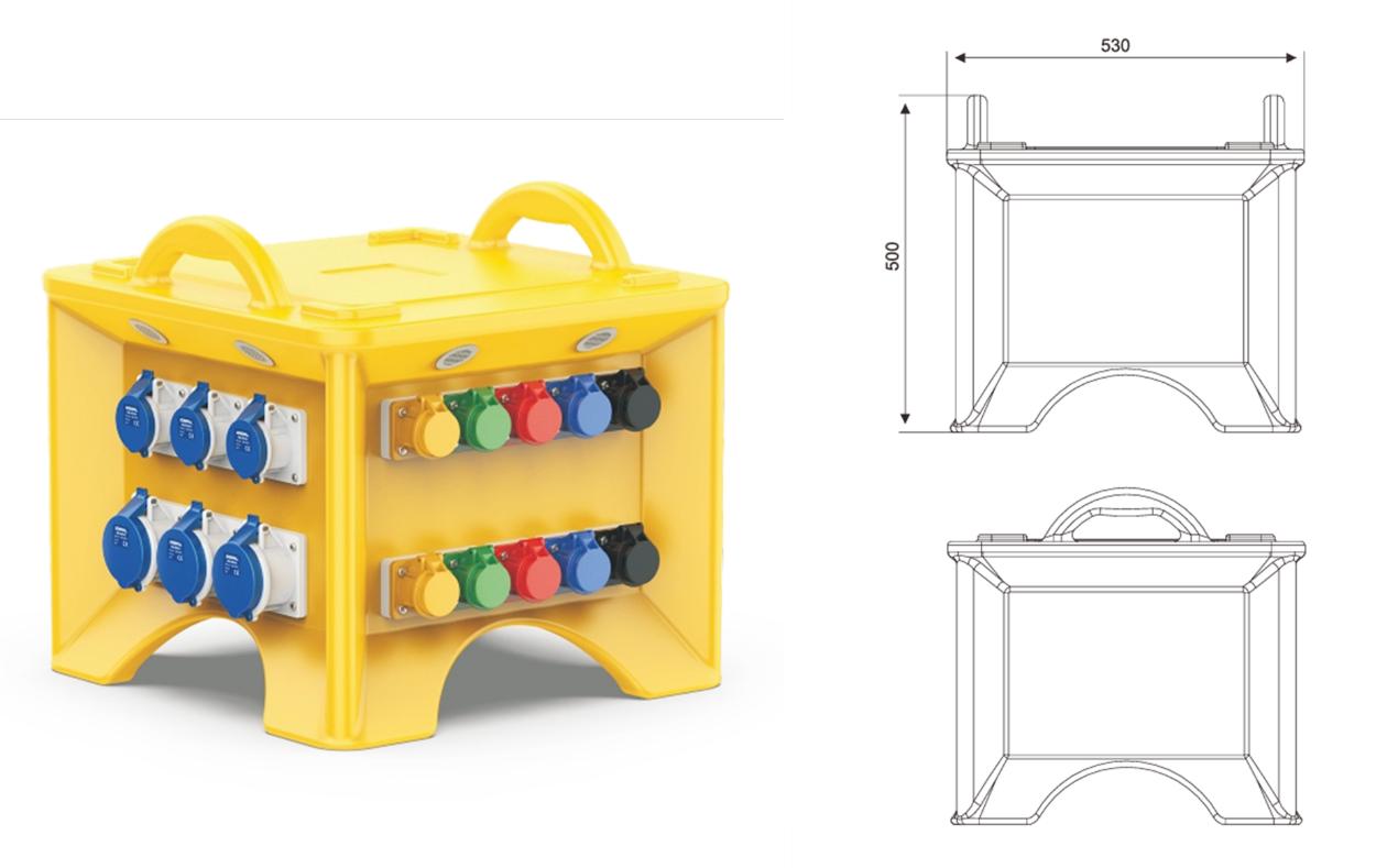 PORTABLE INDUSTRIAL POWER DISTRIBUTION SOCKET BOX IP44 — dimensional drawing