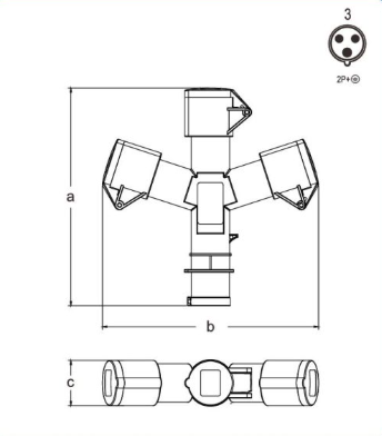 Socket 3-Way 16A 3P CEE Industrial Multiple — dimensional drawing