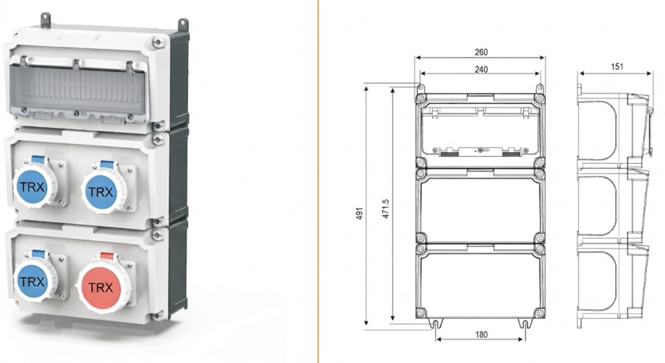 SOCKET POWER PLASTIC COMBINATION MAINTENANCE BOX WALL MOUNTED OUTDOOR IP44/IP66 — dimensional drawing