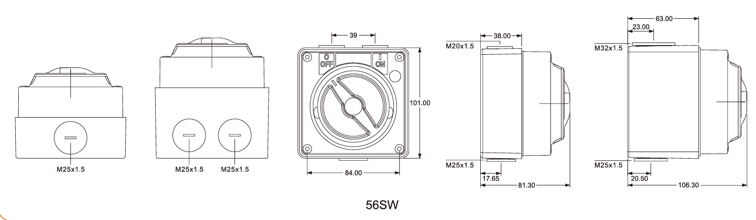 WS56 Waterproof Isolator Switch-1P-250V10/50A-IP66 — dimensional drawing