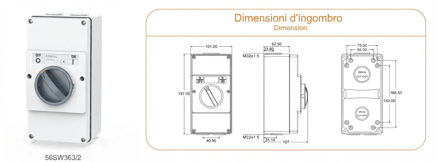 WS56 Waterproof Isolator Switch-3P-500V50/63A-IP66 — dimensional drawing