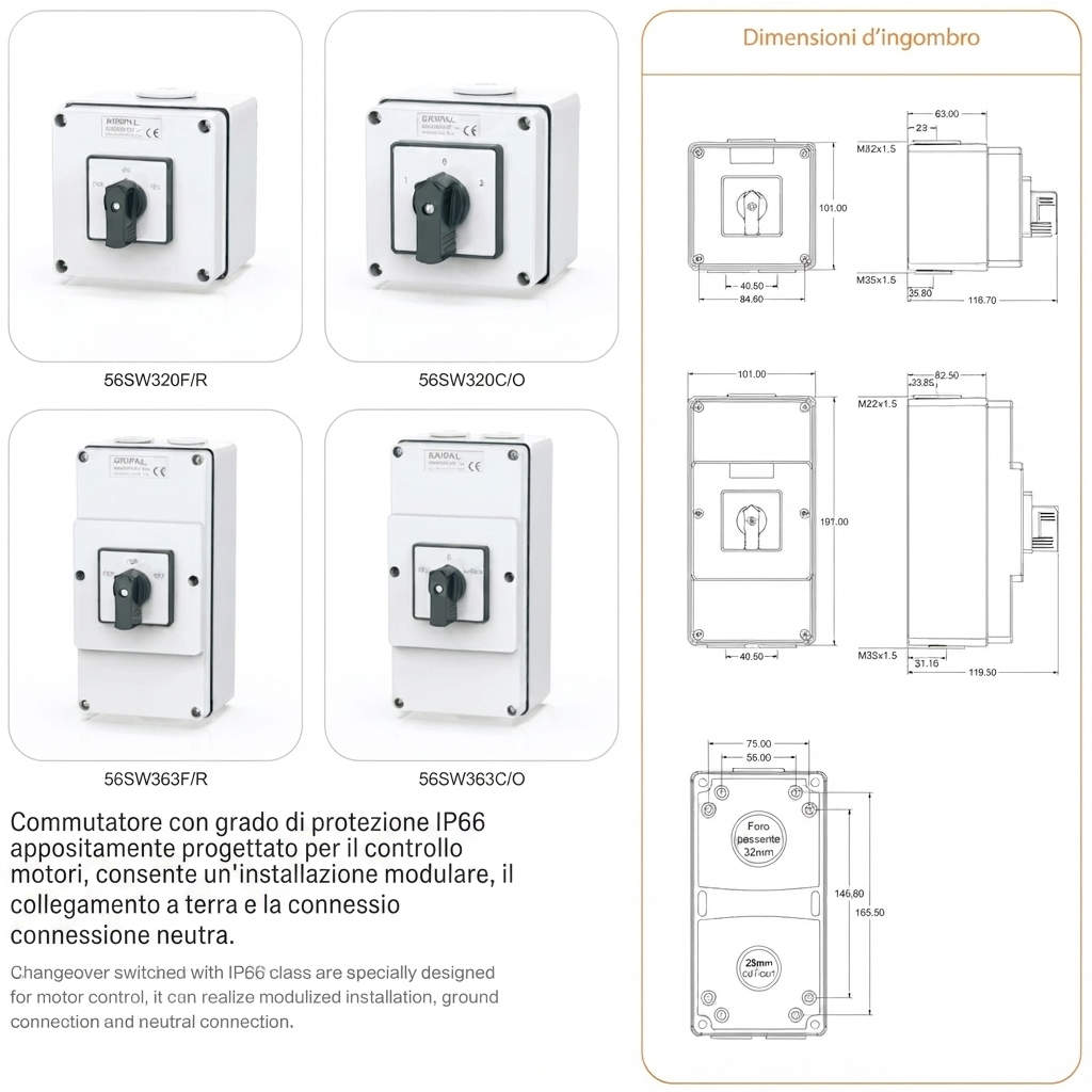 WS56 Changeover Rotary Switch-3P-500V63A-IP66 — dimensional drawing