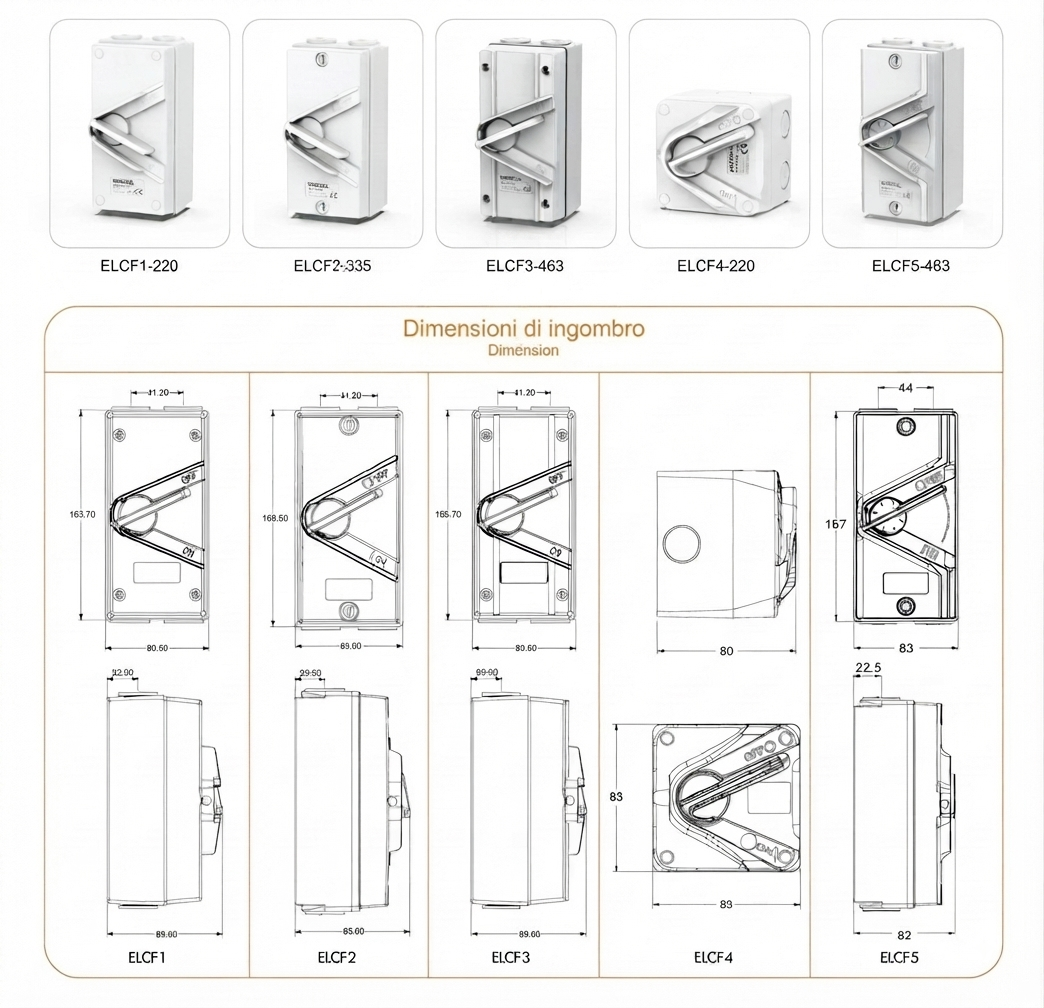 ELCF4 Weatherproof Isolating Switch 1/2/3/4P 20A 35A 63A Outdoor Isolator Switch IP66 — dimensional drawing